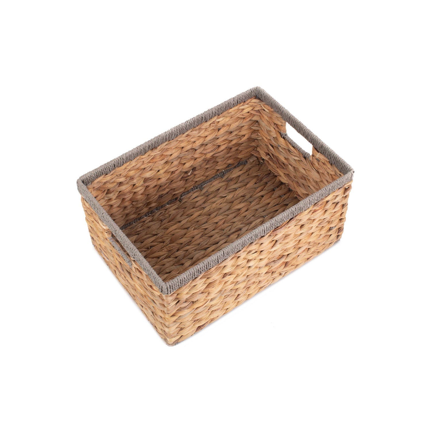 Medium Water Hyacinth Rectangular Storage Basket With Grey Rope Border
