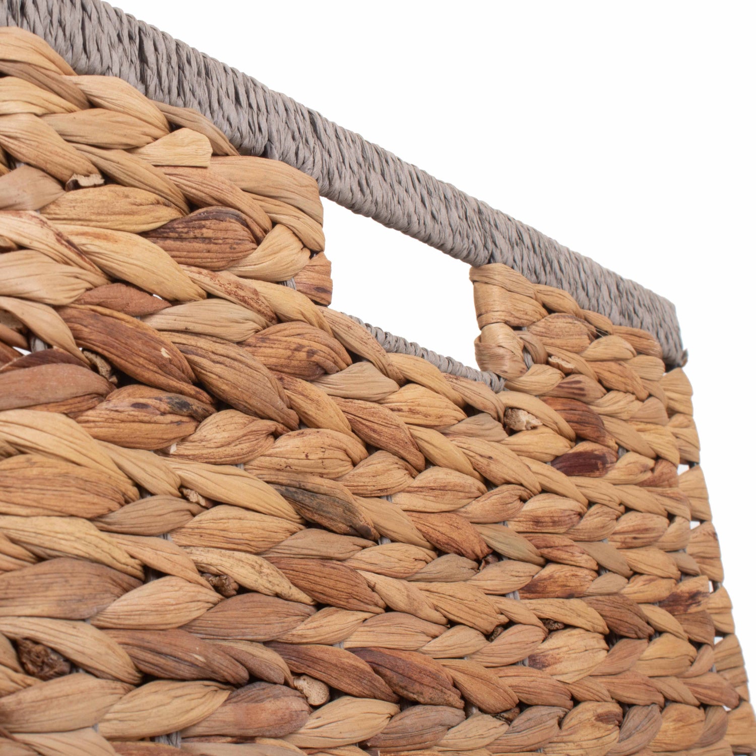 Medium Square Water Hyacinth Storage Basket With Grey Rope Border