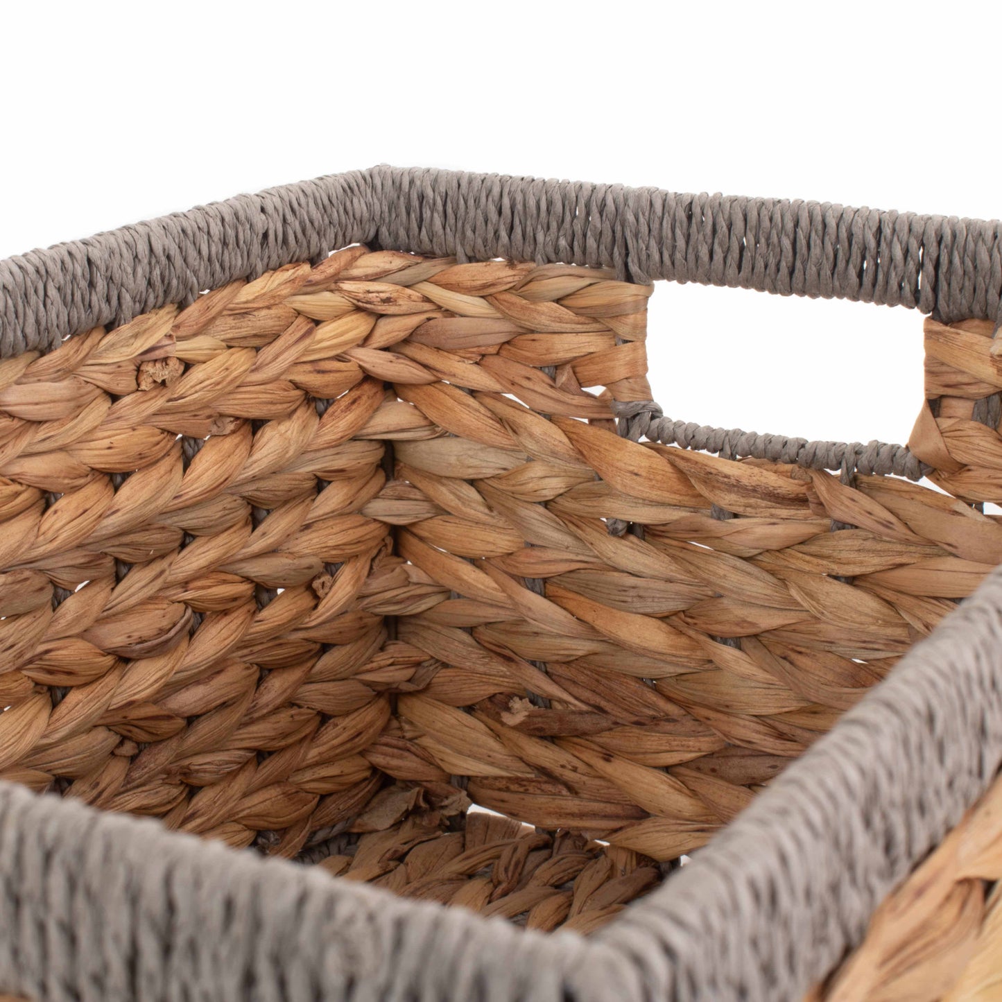Medium Water Hyacinth Rectangular Storage Basket With Grey Rope Border
