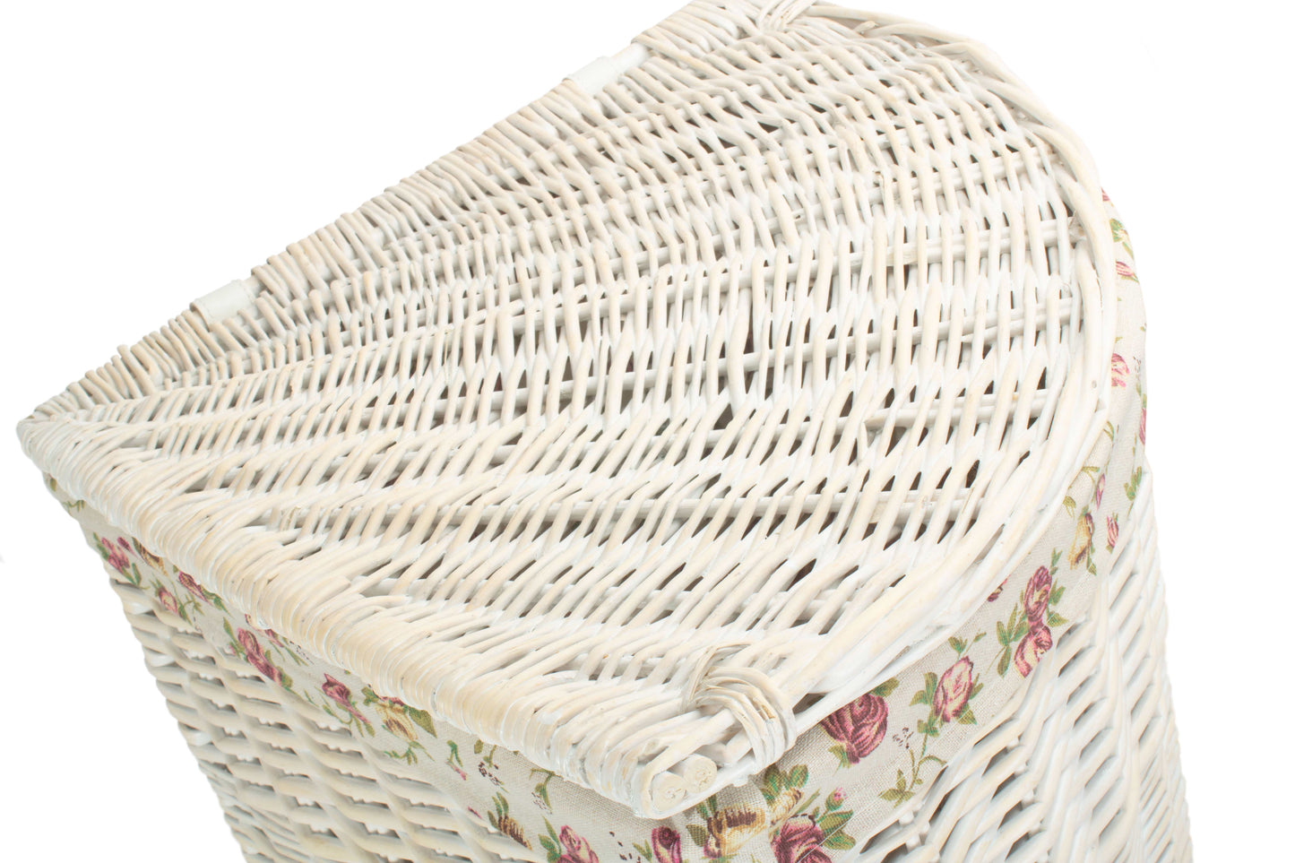 White Wash Willow Corner Laundry Hamper With Garden Rose Lining - Large