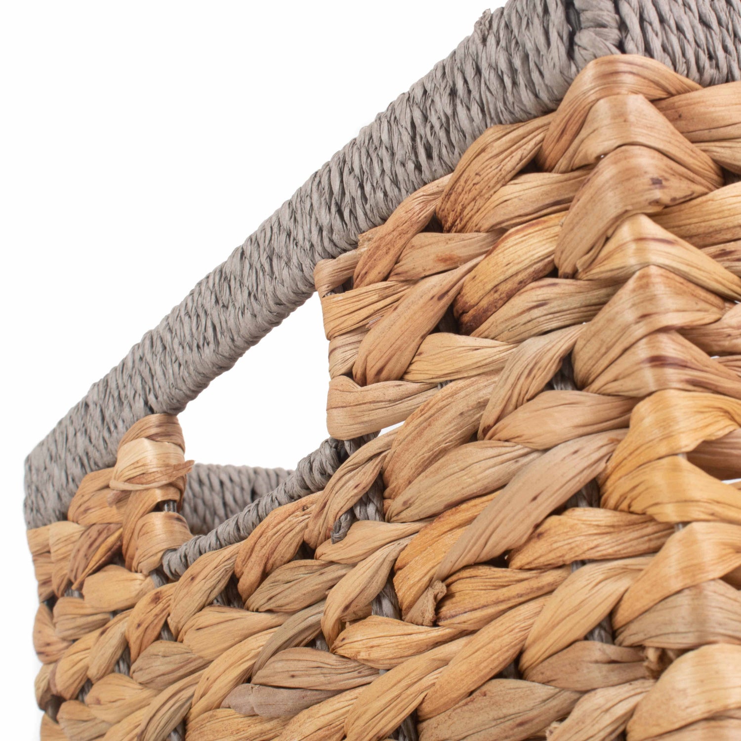 Medium Water Hyacinth Rectangular Storage Basket With Grey Rope Border