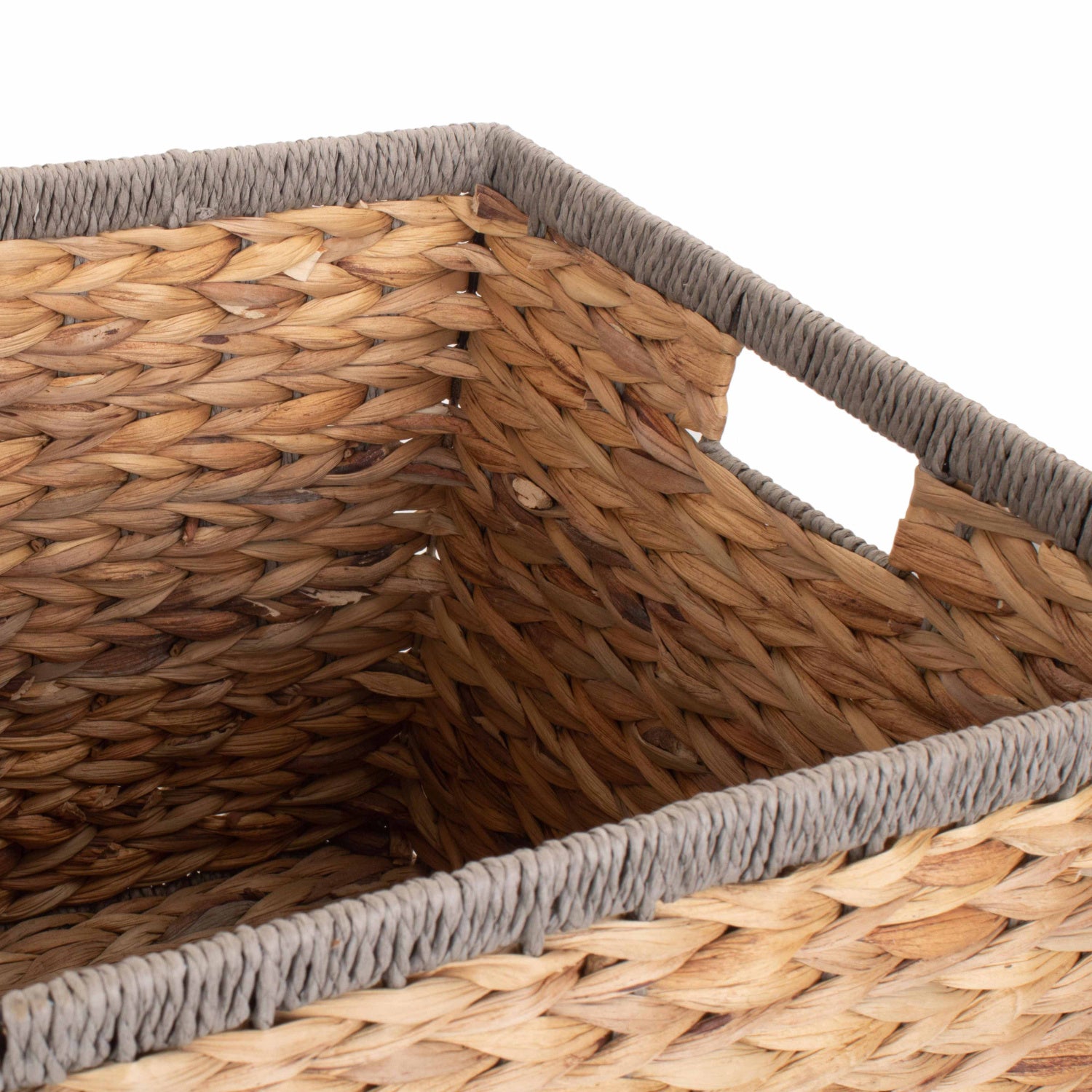 Medium Square Water Hyacinth Storage Basket With Grey Rope Border
