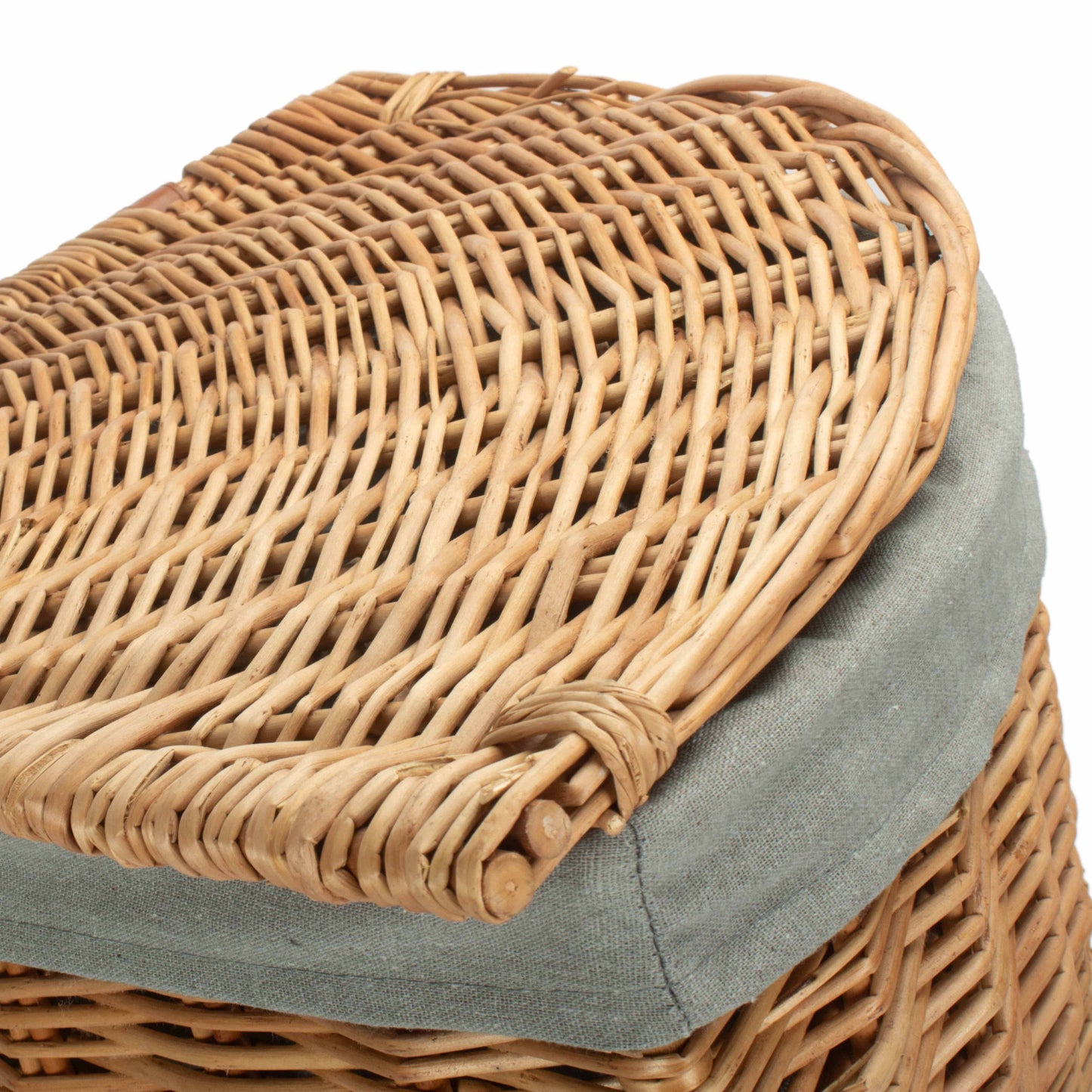 Light Steamed Willow Corner Linen Basket with Grey Sage Lining - Large