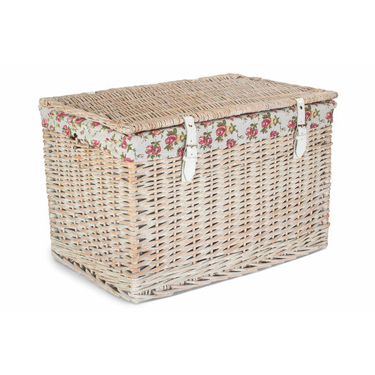 24 Inch White Wash Willow Chest Hamper with Garden Rose Lining