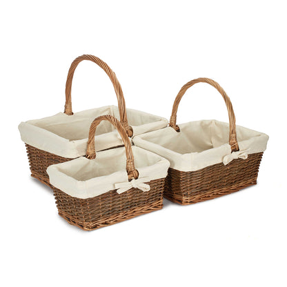 Rectangular Unpeeled Willow Shopper Baskets with White Lining Set 3