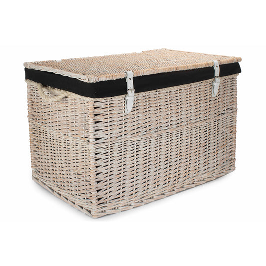 29 Inch White Wash Willow Storage Hamper with Rope Handles and Black Lining