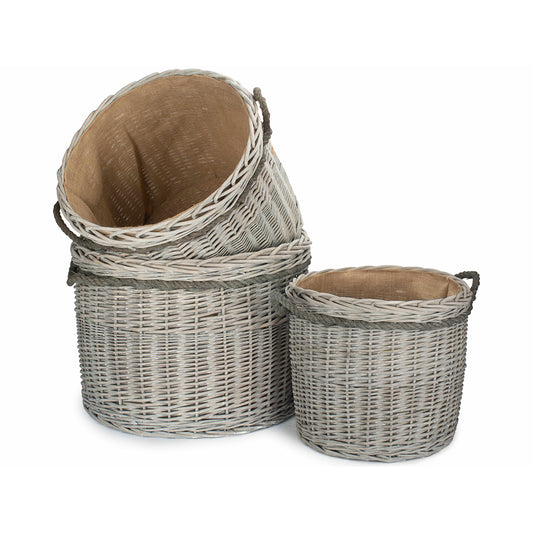 Grey Wash Willow Round Storage Basket Set 3