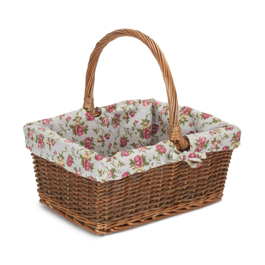 Rectangular Unpeeled Willow Shopper Basket with Garden Rose Lining - Size 3 Large