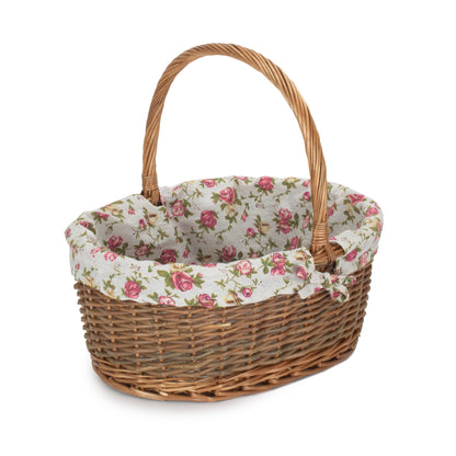 Oval Unpeeled Willow Shopper Basket with Garden Rose Lining - Size 3 Large