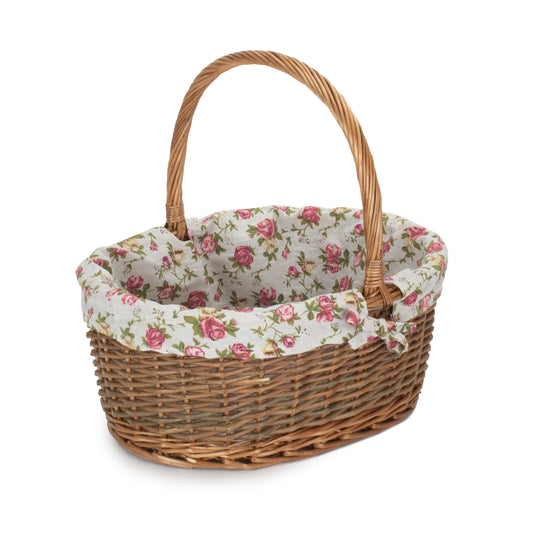 Oval Unpeeled Willow Shopper Basket with Garden Rose Lining - Size 3 Large