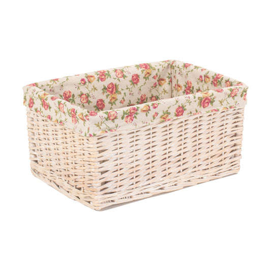 Large White Wash Willow Storage Basket with Garden Rose Lining