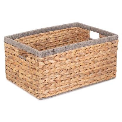Large Water Hyacinth Rectangular Storage Basket With Grey Rope Border