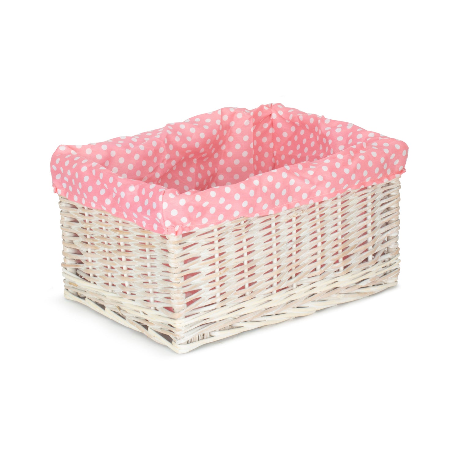 Large White Wash Willow Storage Basket with Pink Spotty Lining