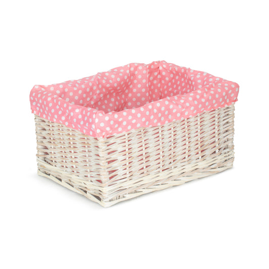 Large White Wash Willow Storage Basket with Pink Spotty Lining