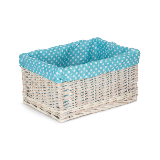 Large White Wash Willow Storage Basket with Blue Spotty Lining