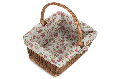 Rectangular Unpeeled Willow Shopper Basket with Garden Rose Lining - Size 3 Large