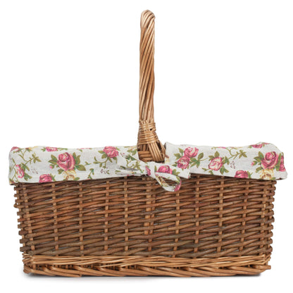 Rectangular Unpeeled Willow Shopper Basket with Garden Rose Lining - Size 3 Large