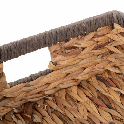 Large Shallow Rectangular Water Hyacinth Storage Tray Basket With Grey Rope Border