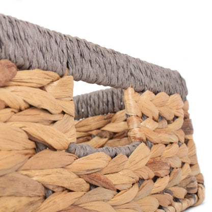 Large Shallow Rectangular Water Hyacinth Storage Tray Basket With Grey Rope Border