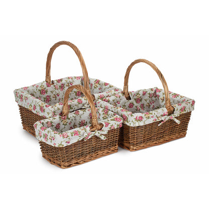 Rectangular Unpeeled Willow Shopper Basket with Garden Rose Lining Set 3