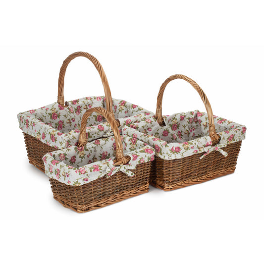 Rectangular Unpeeled Willow Shopper Basket with Garden Rose Lining Set 3