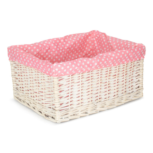 Extra Large White Wash Willow Storage Basket with Pink Spotty Lining