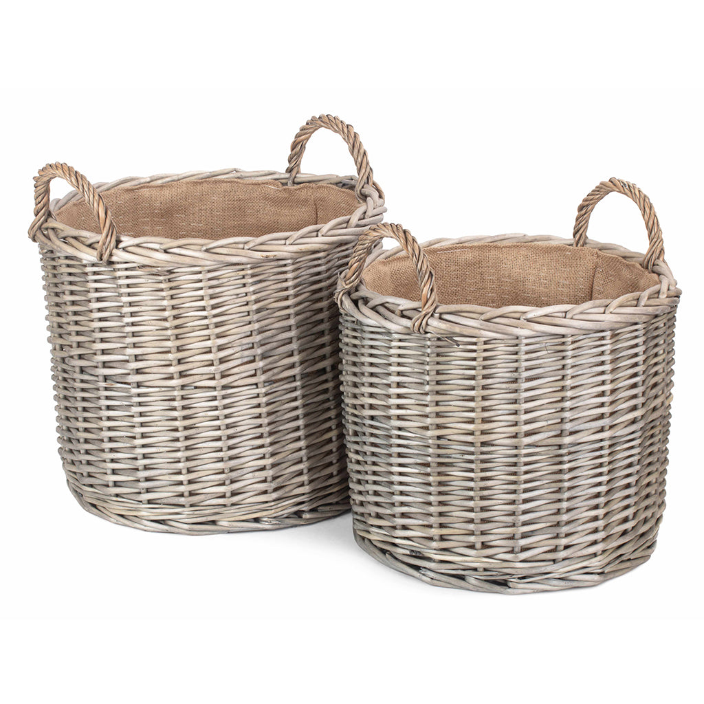 Round Straight Sided Wicker Log Storage Basket Set 2