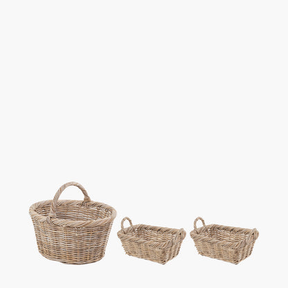 Set of 3 Grey Kubu Rattan Oval Shopping Basket with 2 Rectangular Storage Baskets
