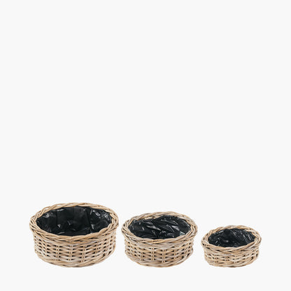 Set of 3 Indoor/Outdoor Grey Kubu Rattan Round Basket Planters