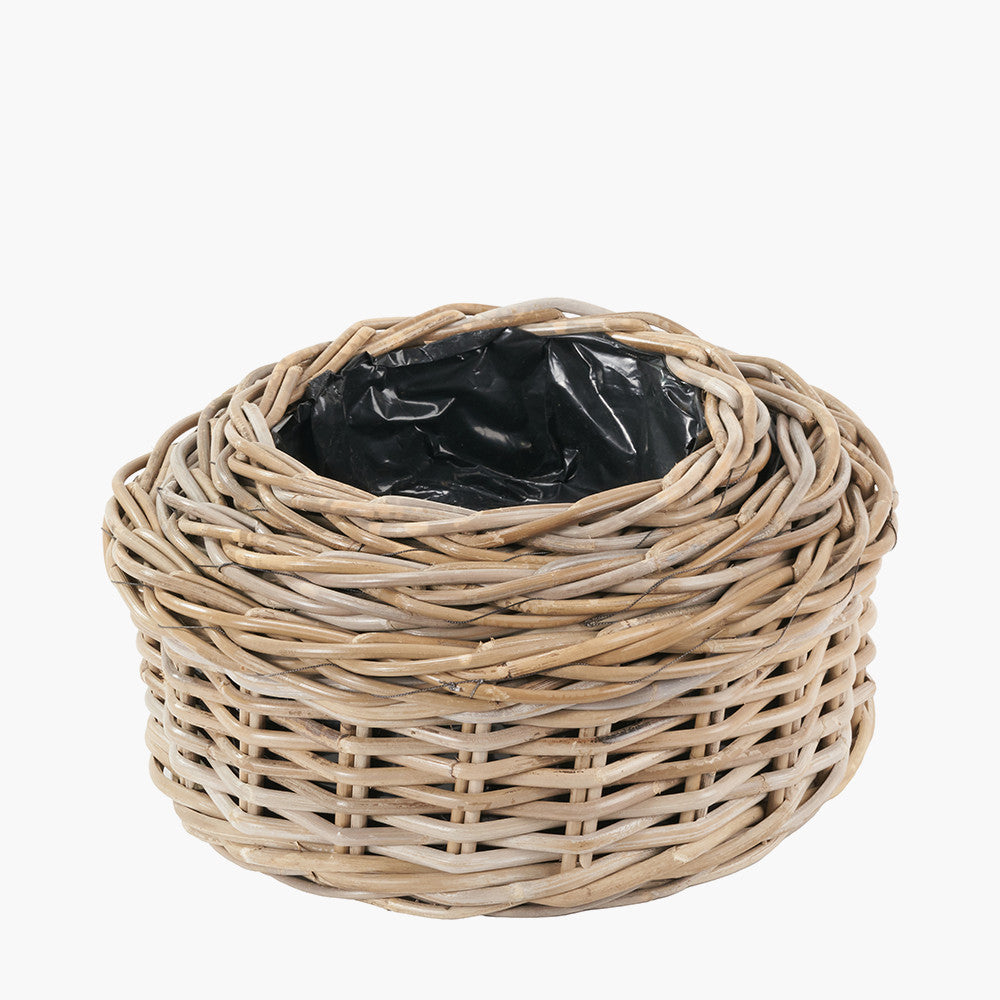 Set of 3 Indoor/Outdoor Grey Kubu Rattan Round Basket Planters