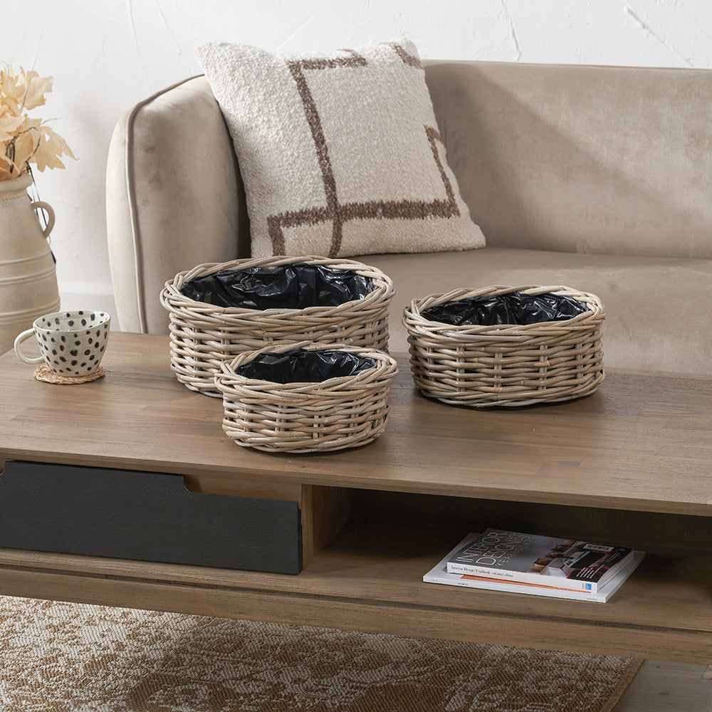 Set of 3 Indoor/Outdoor Grey Kubu Rattan Round Basket Planters