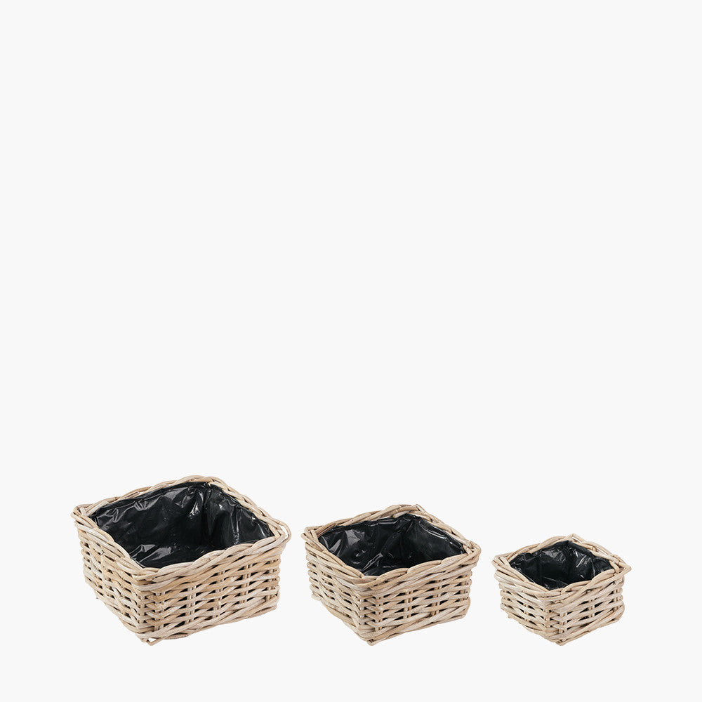 Set of 3 Indoor/Outdoor Grey Kubu Rattan Square Basket Planters