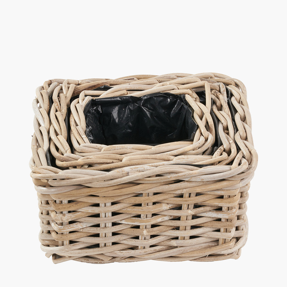 Set of 3 Indoor/Outdoor Grey Kubu Rattan Square Basket Planters