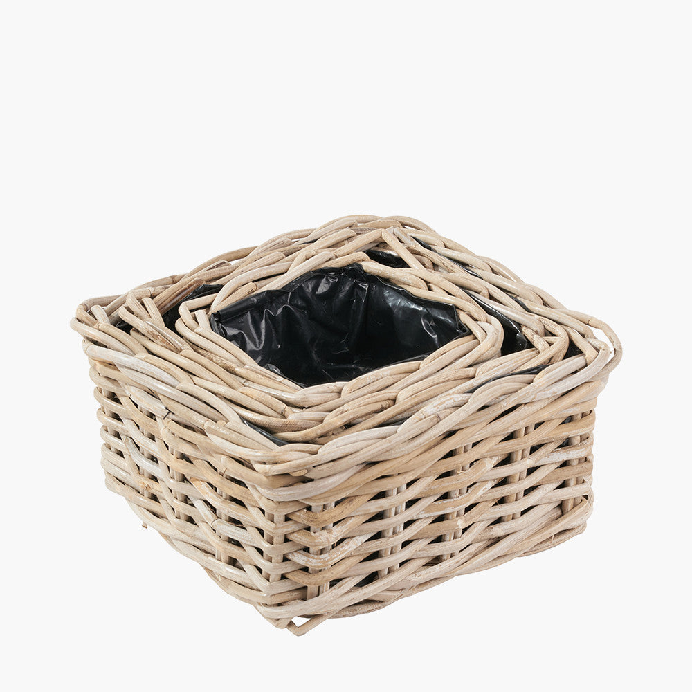 Set of 3 Indoor/Outdoor Grey Kubu Rattan Square Basket Planters
