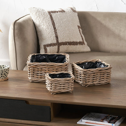 Set of 3 Indoor/Outdoor Grey Kubu Rattan Square Basket Planters