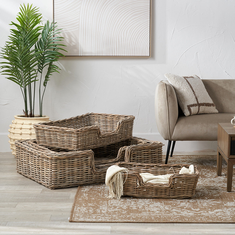 Set of 5 Grey Kubu Rattan Basket Dog Beds