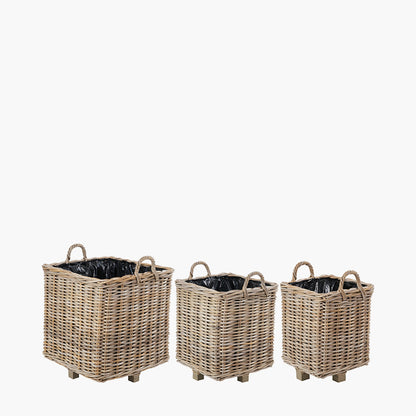 Set of 3 Indoor/Outdoor Grey Kubu Rattan Square Basket Planters with Handles