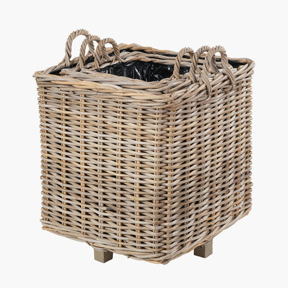 Set of 3 Indoor/Outdoor Grey Kubu Rattan Square Basket Planters with Handles