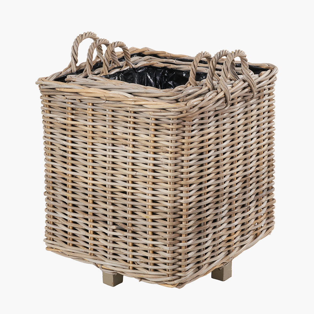 Set of 3 Indoor/Outdoor Grey Kubu Rattan Square Basket Planters with Handles