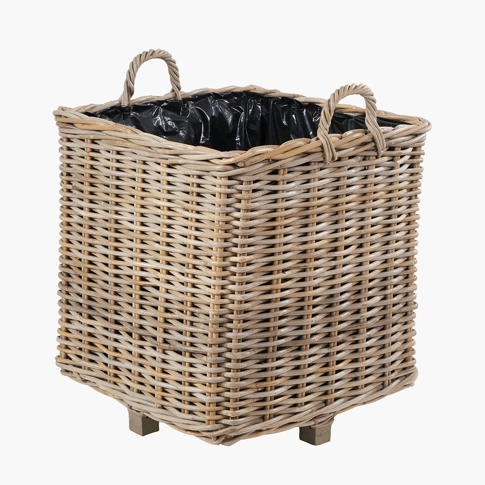 Set of 3 Indoor/Outdoor Grey Kubu Rattan Square Basket Planters with Handles