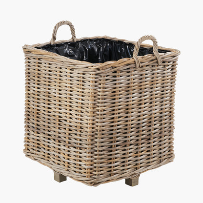 Set of 3 Indoor/Outdoor Grey Kubu Rattan Square Basket Planters with Handles