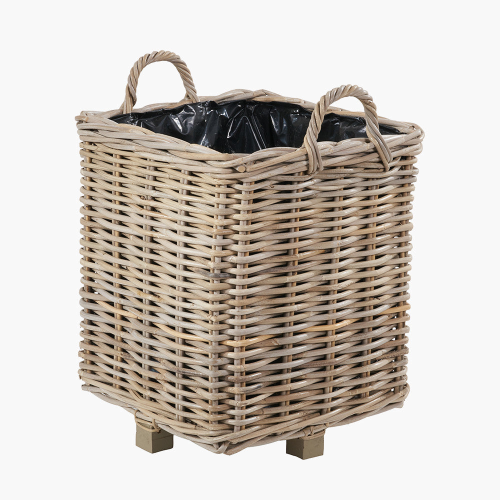 Set of 3 Indoor/Outdoor Grey Kubu Rattan Square Basket Planters with Handles