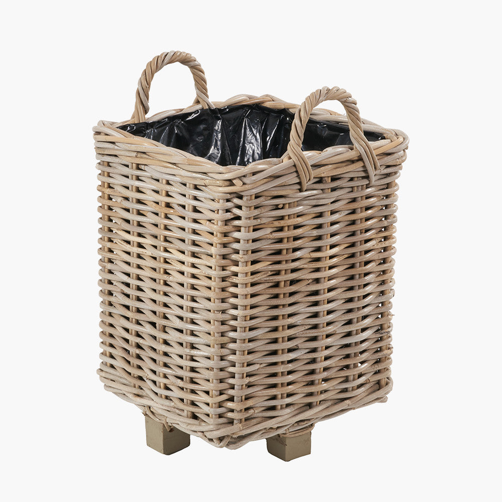 Set of 3 Indoor/Outdoor Grey Kubu Rattan Square Basket Planters with Handles