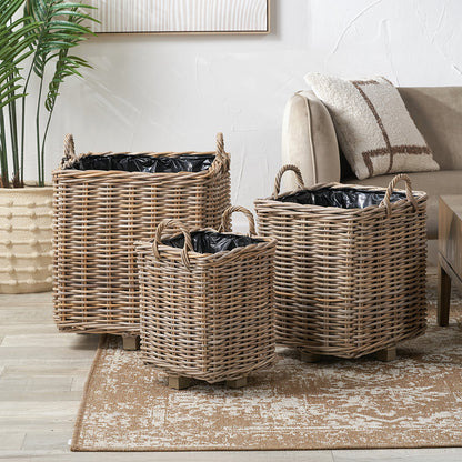 Set of 3 Indoor/Outdoor Grey Kubu Rattan Square Basket Planters with Handles