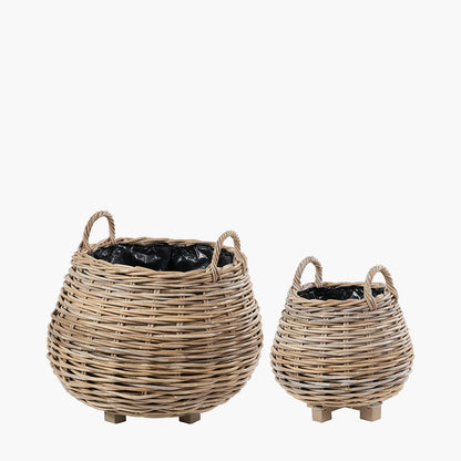 Set of 2 Indoor/Outdoor Grey Kubu Rattan Bulbous Basket Planters