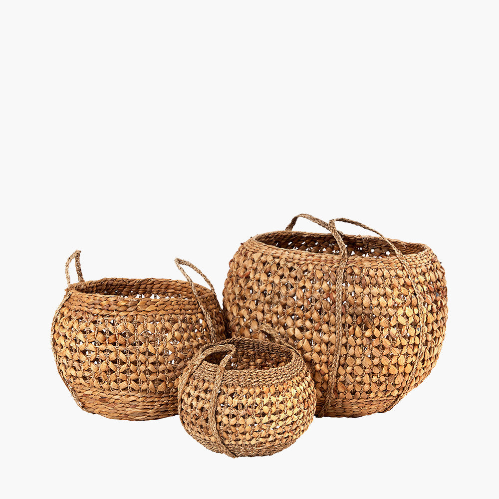 Set of 3 Water Hyacinth Round Handled Baskets