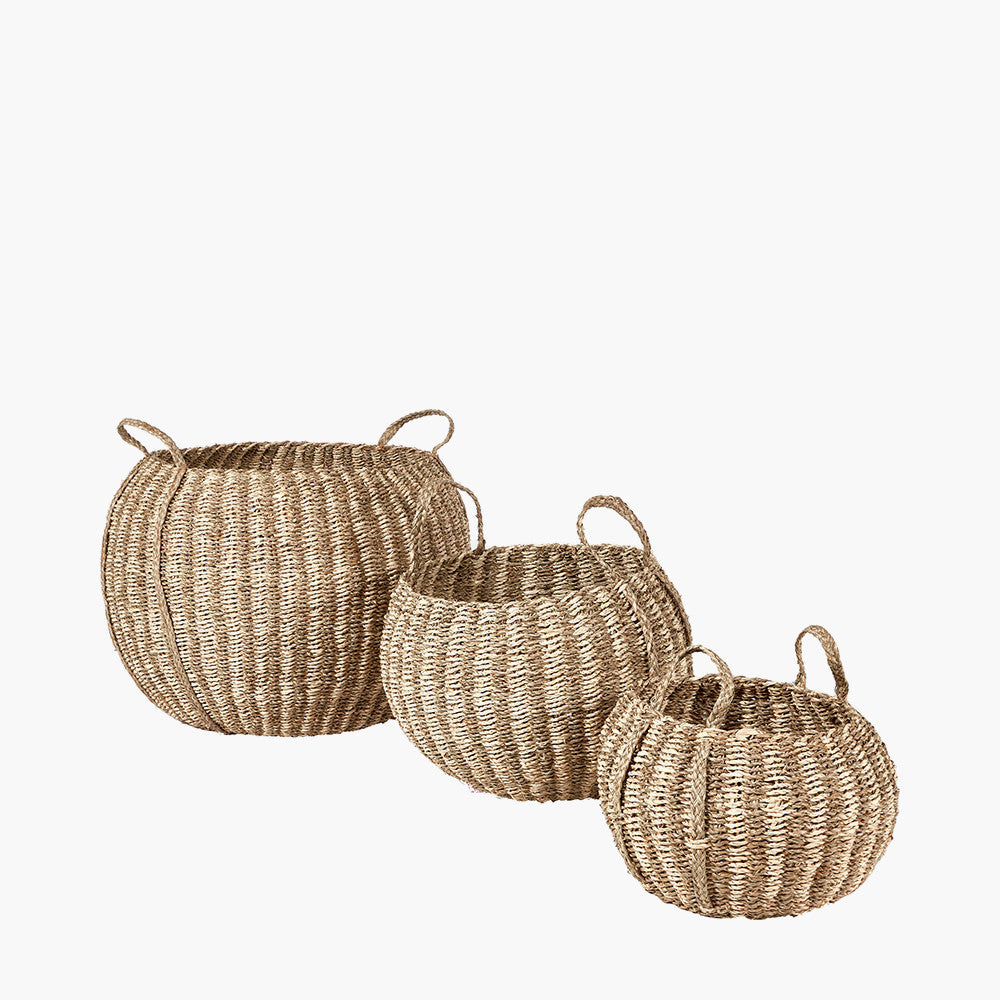 Set of 3 Seagrass and Palm Leaf Natural Striped Round Baskets