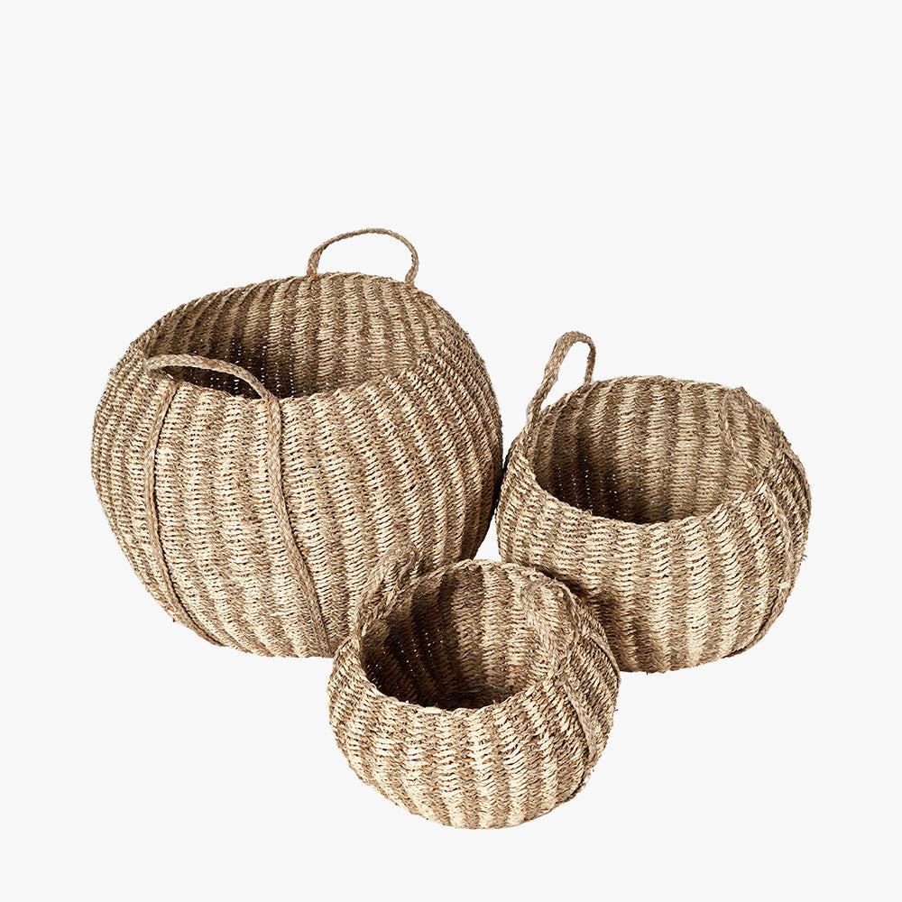 Set of 3 Seagrass and Palm Leaf Natural Striped Round Baskets