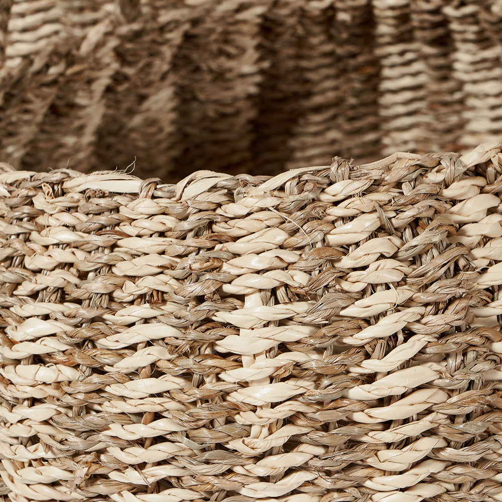 Set of 3 Seagrass and Palm Leaf Natural Striped Round Baskets