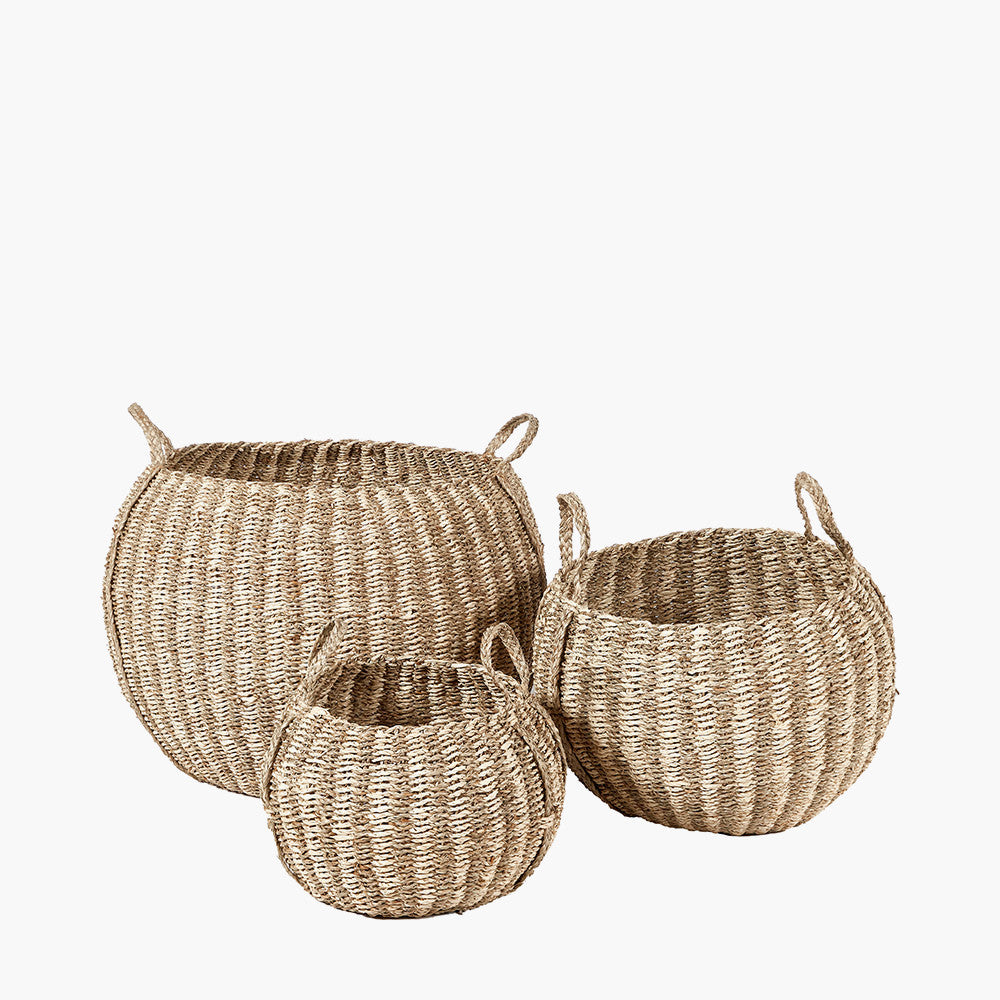 Set of 3 Seagrass and Palm Leaf Natural Striped Round Baskets